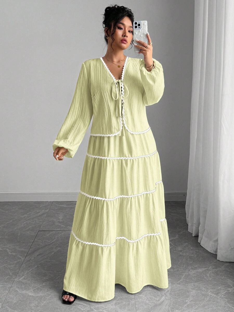 SHEIN Tall 大码女式纹理编织长袖系带前撞色荷叶边设计松紧腰长裙法式浪漫两件套 - 黃色 - 查看 1