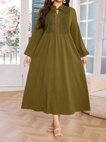 Lacomfia Đầm dài tay thắt eo thêu nút cổ khoét lỗ cho nữ cỡ lớn - xanh quân đội - Xem 4