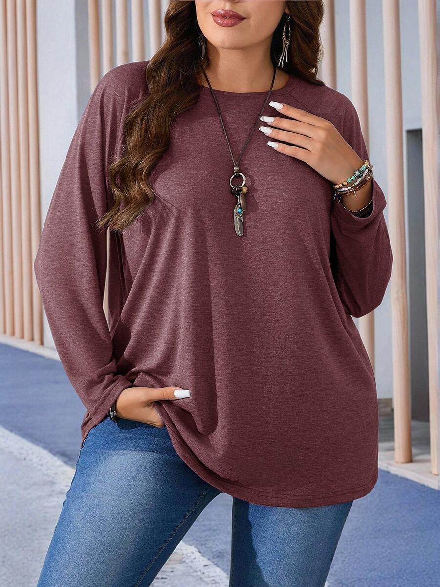 EMERY ROSE Plus Size Round Neck Long Sleeve Casual Loose Soft Appealing Winter T-Shirt,Fall Clothes - Rusty Rose - View 1
