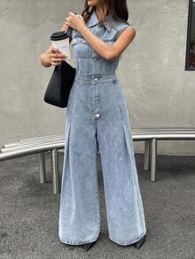 DAZY Women's Autumn Collared Sleeveless Waist Denim Jumpsuit Overalls Y2k - Blue - View 6