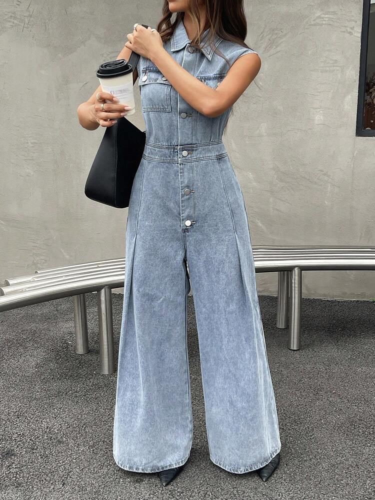 Women's Autumn Collared Sleeveless Waist Denim Jumpsuit Overalls Y2k