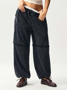 Bohemela Quần nỉ dệt kim rộng rãi màu trơn có dây rút cho nữ - màu đen - Xem 2