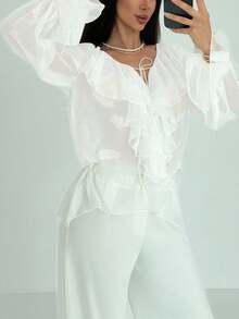 Aloruh 女士荷叶边领前系带喇叭袖宽松时尚衬衫返校季返校季返校季返校季女士返校节白色碎花浪漫荷叶边衬衫气质女神 - 白色 - 查看 4