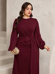 Veilorie Vestido de fiesta elegante de talla grande de unicolor con mangas farol - Burdeos - Ver 6