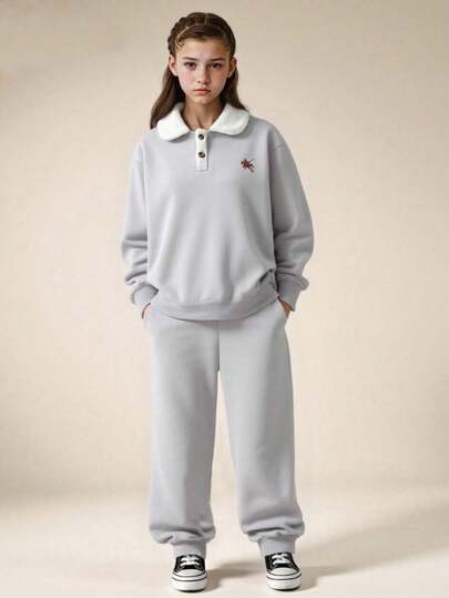 SHEIN Explorewe 2 件套女童保暖长袖刺绣 POLO 衫和休闲抽绳裤套装，舒适温暖的旅行、居家、上学装，适合春季、秋季、冬季