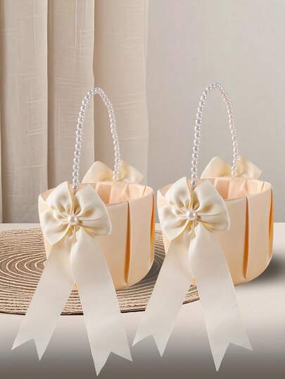 1 件蝴蝶结珍珠婚礼花篮 - 白色蝴蝶结花篮，缎带花篮，适合婚礼派对装饰，新年礼物