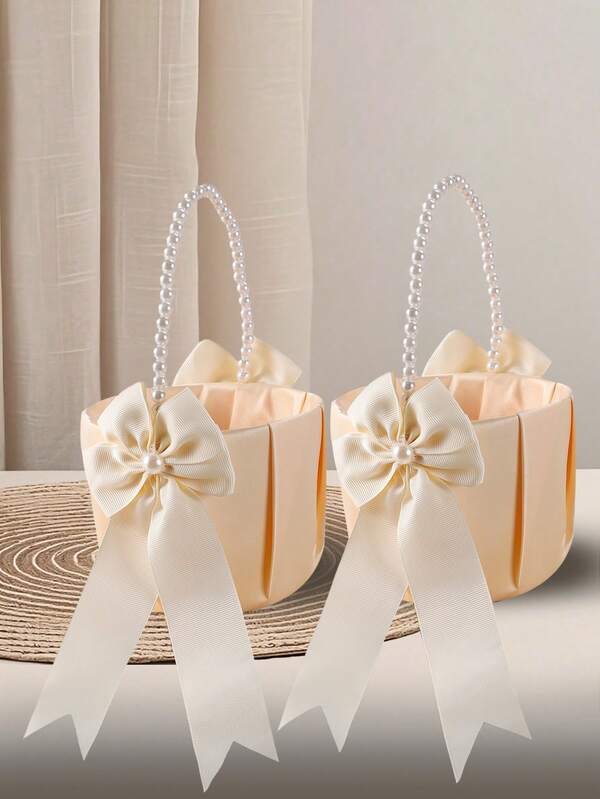 1 件蝴蝶结珍珠婚礼花篮 - 白色蝴蝶结花篮，缎带花篮，适合婚礼派对装饰，新年礼物