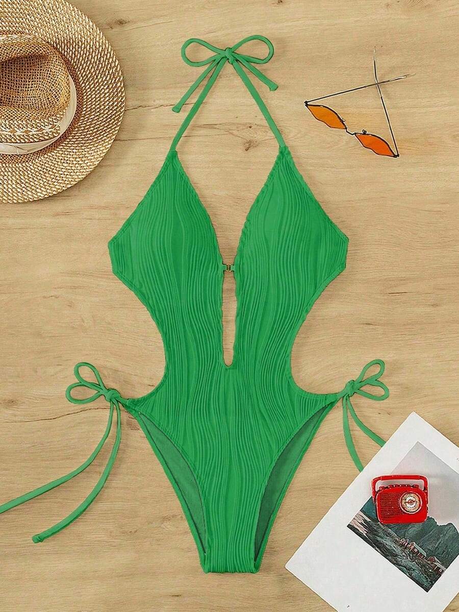 SHEIN Swim 1 件女式纯色镂空吊带连体泳衣，度假风格 - 綠色 - 查看 1