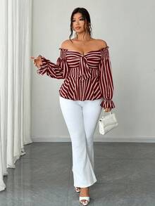 Elenzga Plus-Size Long-Sleeved Fashionable Casual Vacation Off-Shoulder Commuting Bow Christmas Red New Year Party Shirt - Burgundy - View 4