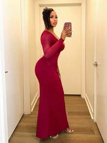 BamGleam Váy bó sát màu trơn dành cho nữ có đường viền lưới, tay dài gợi cảm - Màu Đỏ Sâu - Xem 3