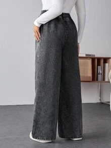 SHEIN Maternity Elastic Waist Wide Leg Jeans, Casual For Autumn Winter Christmas New Year Thanksgiving Commuting Vacation Graduation Chic Y2k Christmas Warm Cute Streetwear Birthday Party Wedding Elegant Business Casual Woman Thermal Lined Jeans Cozy Thermal Lined Women's Sweatpants Dark Gray Elastic Waist Drawstring Wide Leg Warm Winter Lounge Pants For Ultimate Comfort - Black - View 2