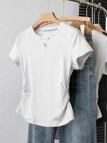 女士休闲褶饰腰部T恤，夏季百搭 - 黑色 - 查看 3