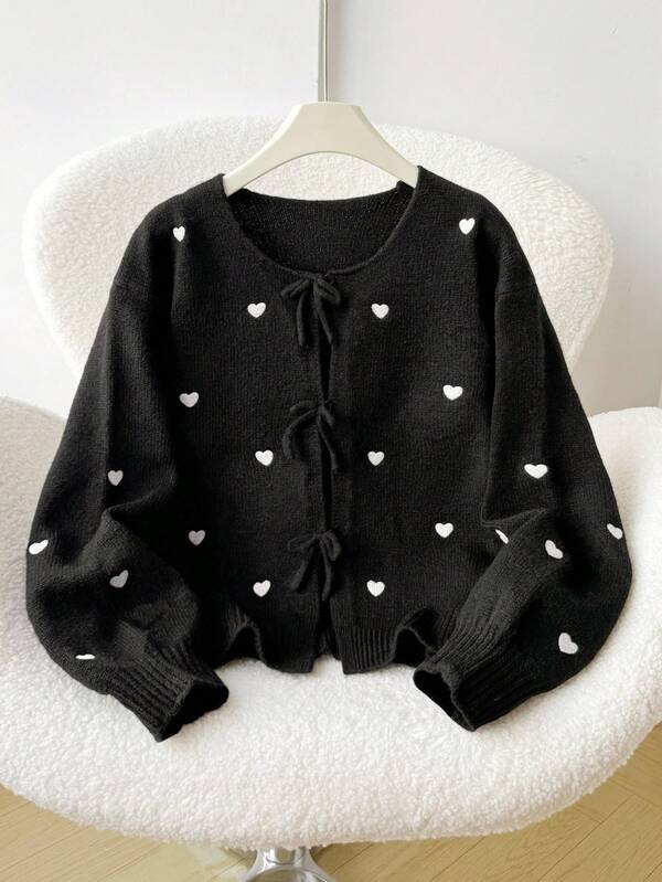 SHEIN Tween Girls' Loose Casual Minimalist Comfortable Round Neck Long Sleeve Tie Bow Heart Cardigan, Back To School Season Fall Winter