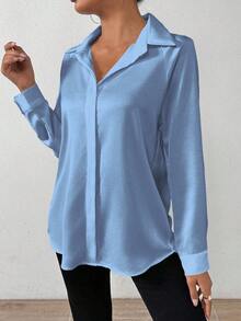 SHEIN PETITE 女式纯色缎面简约不对称下摆衬衫 - 藍色 - 查看 6