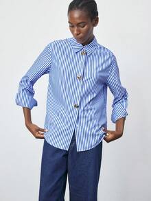 Maija 女式休闲条纹纽扣长袖衬衫，秋季