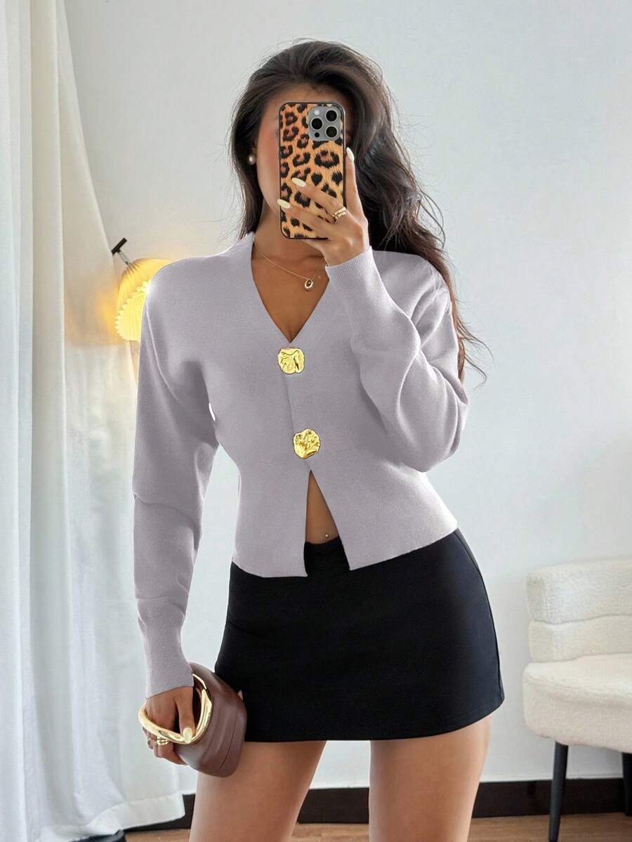 Women's Fashion Casual Minimalist Asymmetric Button Knit Cardigan, Sophisticated Design Sweater Top - Grey - View 1