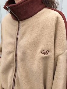 FRIFUL 女式休闲拉链撞色灯芯绒字母印花宽松夹克，棕色 - 卡其色 - 查看 6