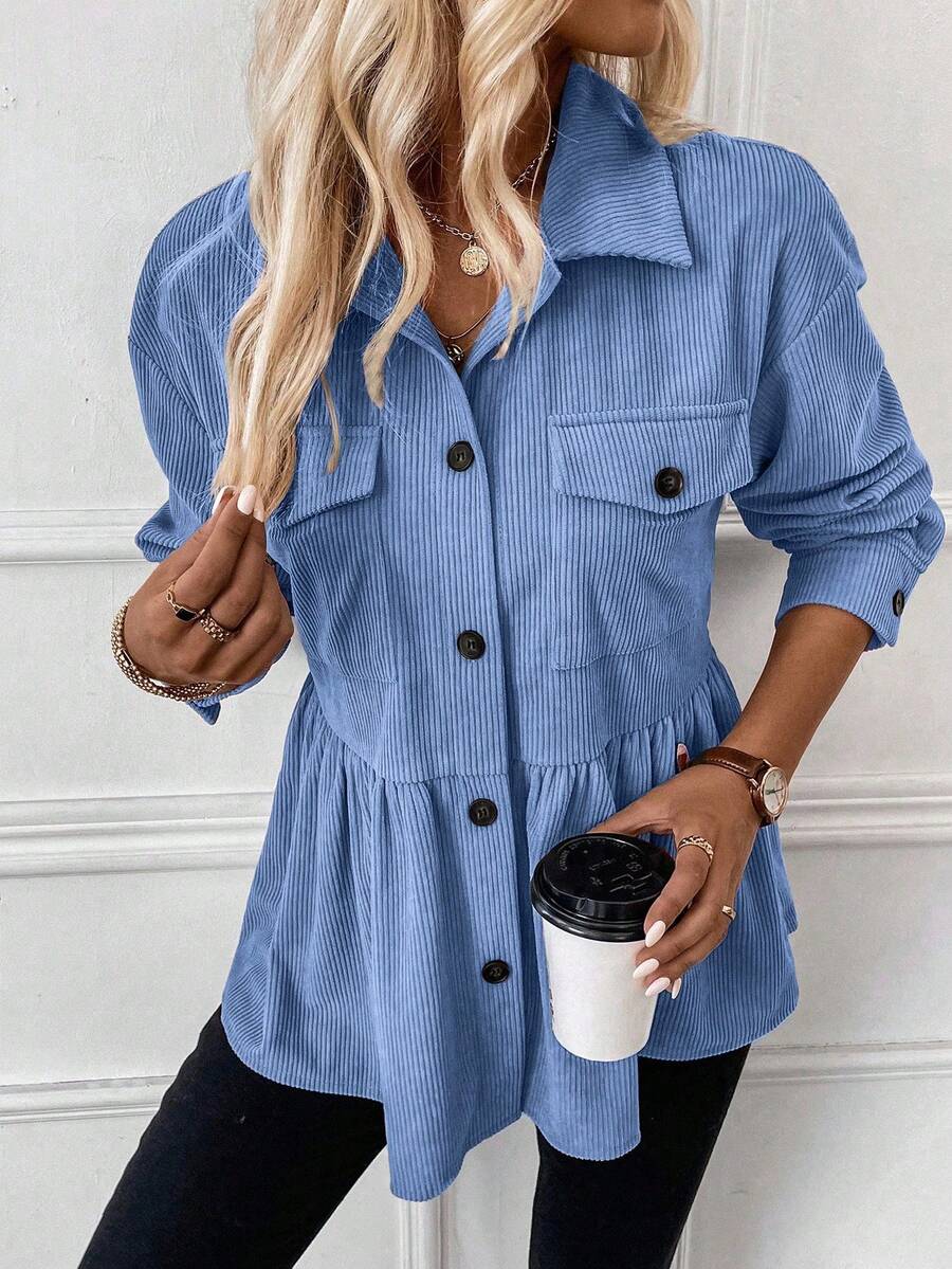 SHEIN LUNE Casual Solid Color Corduroy Regular Jacket, Autumn - Blue - View 1