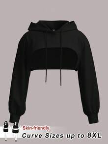 SHEIN CURVE+ 大码黑色针织超短连帽毛衣，适合秋冬穿/秋冬 - 黑色 - 查看 1