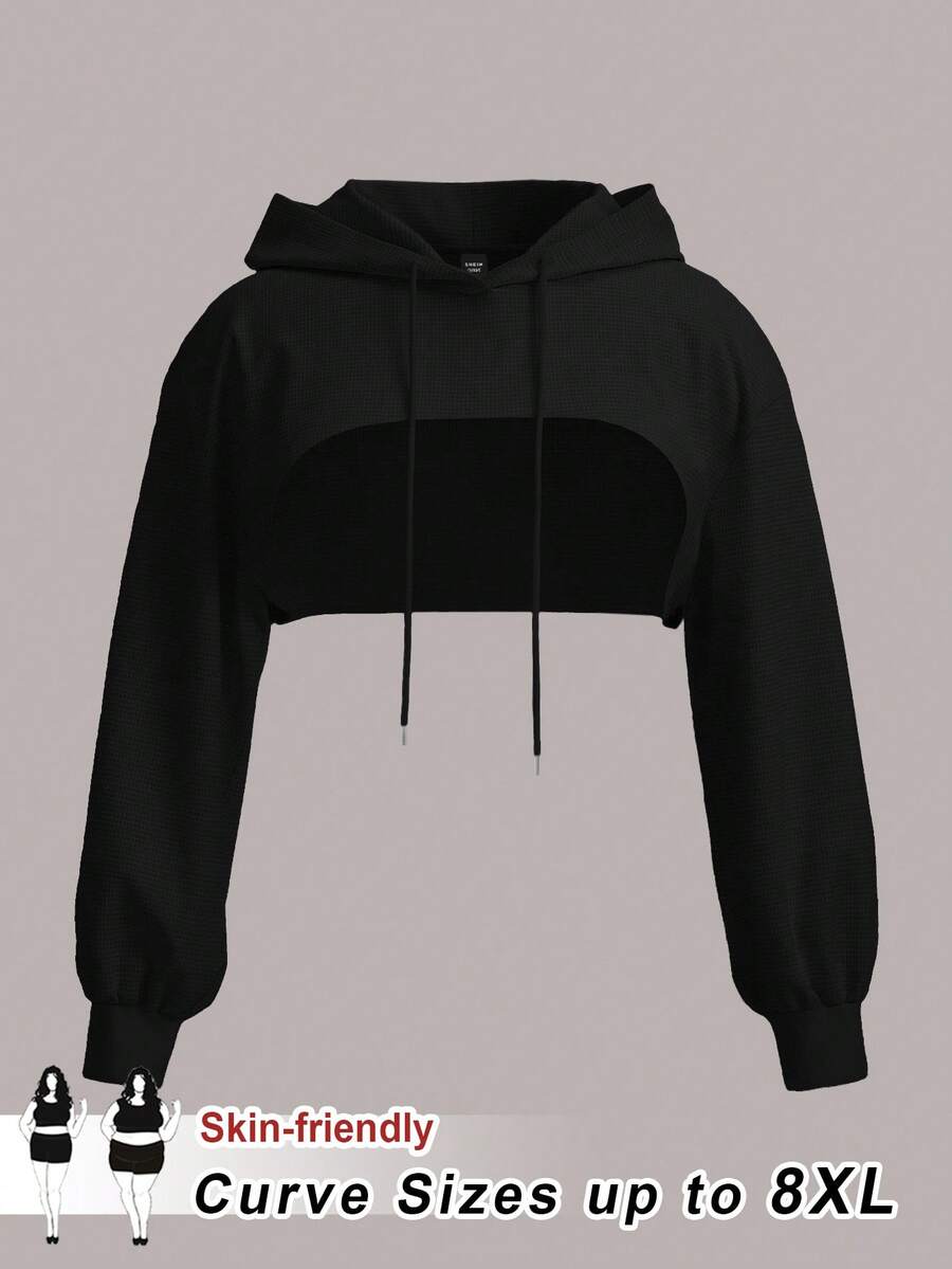 SHEIN CURVE+ 大码黑色针织超短连帽毛衣，适合秋冬穿/秋冬 - 黑色 - 查看 1