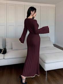 Feyla Váy len dệt kim viền bèo tay loe viền đuôi cá màu sắc thanh lịch dành cho nữ, mùa thu/đông - Màu Đỏ Sâu - Xem 4