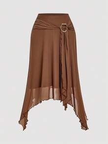 SHEIN MOD 大码女式棕色金属扣细节波西米亚风半身裙，度假装扮，西式女装，沙滩度假装，夏季女装，不对称半身裙 - 棕色 - 查看 3