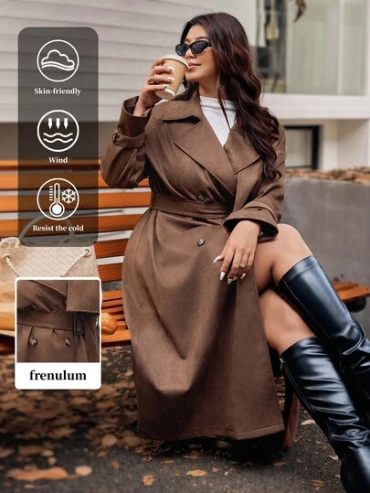 Vionelle Plus Size Women's Woven Lapel Double-Breasted Long Sleeve Cinched Cinched Waist Vintage Elegant Long Trench Coat Winter Fall Autumn Winter Coat Long Coat Women Coats Trench Coat Women Brown Outfits For Women