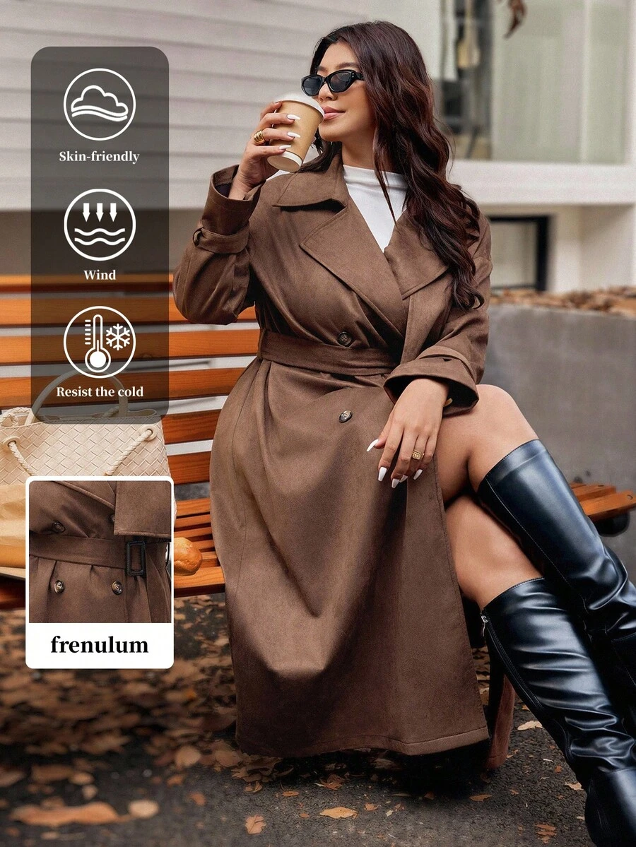 Vionelle Plus Size Women's Woven Lapel Double-Breasted Long Sleeve Cinched Cinched Waist Vintage Elegant Long Trench Coat Winter Fall Autumn Winter Coat Long Coat Women Coats Trench Coat Women Brown Outfits For Women - Coffee Brown - View 1