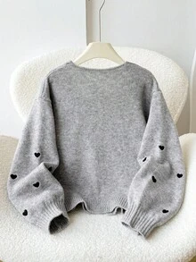 SHEIN Tween Girls' Loose Casual Minimalist Comfortable Round Neck Long Sleeve Tie Bow Heart Cardigan, Back To School Season Fall Winter - Light Grey - View 2