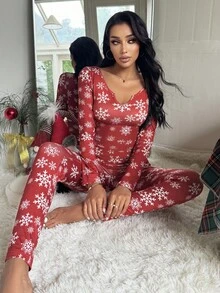 SHEIN ZzzCrew 圣诞雪花印花柔软修身长袖女士睡衣连体裤，秋季圣诞睡衣，女士圣诞睡衣，冬季 - 酒紅色 - 查看 5