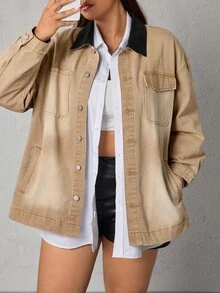 SHEIN ICON Plus Size Retro Color Block Distressed Lapel Denim Jacket - Yellow - View 5