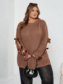 SHEIN CURVE+ Plus Size Loose Knit Sweater With Hollow Bow Knot Decor, Plus Size Cute Fall Pullover In Beige, For Winter Thanksgiving - Brown - View 10