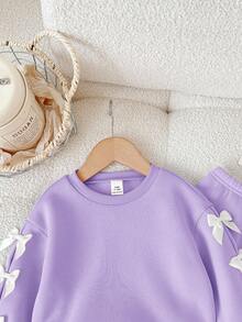 2 件女婴可爱紫色蝴蝶结长袖运动衫和松紧腰裤套装，秋冬 - 紫色 - 查看 5