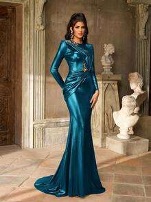 Aureia Đầm dạ hội trang trọng dành cho nữ, cổ tròn, tay dài, vai rộng, xếp ly, viền đuôi cá, họa tiết hoa 3D thủ công màu nâu sẫm sang trọng, thanh lịch - Màu xanh ngọc - Xem 5