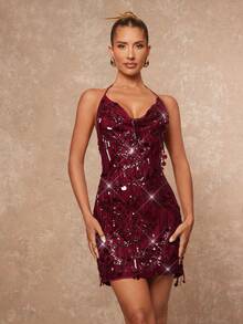 Lumalex 秋冬亮片流苏露背吊带迷你连衣裙，女士亮片连衣裙，鸡尾酒会礼服，复古女郎连衣裙，羽毛连衣裙，ANCORA酒红色伴娘礼服，酒红色连衣裙，露肩正式礼服，优雅连衣裙，淡紫色正式礼服，魅力优雅连衣裙，秋季新款女士奢华舞会聚会宴会礼服，低调奢华闪耀的节日派对狂欢节郊游度假热门户外层叠婚礼季宴会万圣节身份证古尔邦节派对新年派对造型珠光装饰，女士派对礼服 - 酒紅色 - 查看 5