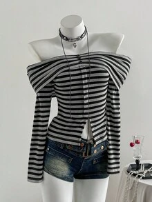 Elamini Grey Black & White Ribbed Texture Off Shoulder Ruched Long Sleeve T-Shirt,Grunge Button Decor Front Split Fitted Top,Autumn Night Out Minimalist Tee - Black - View 3