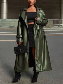 Slaydiva Autumn/Winter New Arrivals, Suitable For Easter, Western, Beach, Bohemian, Boho, Festival, Vintage, Country Music, Outdoor, Fairy, Holiday, Airport, Western, Tropical Vacation Styles, Spring/Summer Green Trench Coat Plus Size Trench Coat Faux Leather Trench Coat Women Trench Coat Long Green Coat Fall - Green - View 15