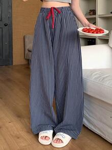 DAZY 青少年（女孩）宽松舒适条纹直筒裤，休闲家居服，秋季 - 藏蓝色 - 查看 1