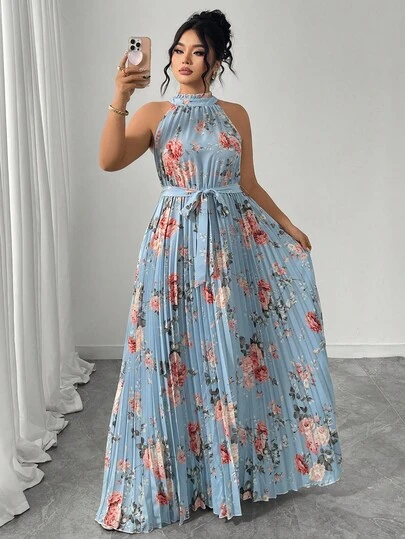 Elenzga Plus Size Women Elegant Romantic Ditsy Floral Halter Neck Pleated Flowy Waist Maxi Dress