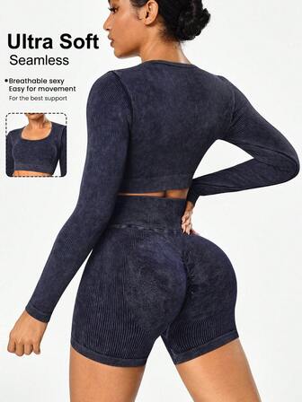 SHEIN Sports 2 piezas Conjunto deportivo de mujer, Top casual de manga larga y shorts Conjunto de entrenamiento