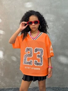 Coolane Kids Tween 女童休闲运动风格豹纹印花和数字图案撞色 V 领宽松网眼透气 T 恤，夏季 - 橘色 - 查看 5