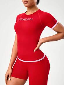 SHEIN Sports Seamless High Elasticity Women's Contrast Color Round Neck Raglan Sleeve Fitted Short Sleeve Sports T-Shirt, Summer Red Workout Set Women Gym Wear Red Athletic Set Red Activewear Red Compression Shirt Red Gym Top Red Workout Top Red Sports Top Red Crop Top Red Activewear Top Red Active Wear
