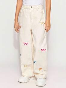 Radiana Tween Girl Y2K 时尚纯色水洗蝴蝶结牛仔裤刺绣蝴蝶结宽松牛仔直筒牛仔裤，秋季服装返校街头服饰 - 杏色 - 查看 1