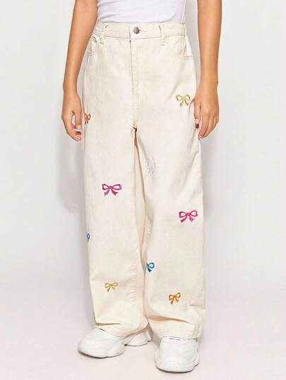 Radiana Tween Girl Y2K 时尚纯色水洗蝴蝶结牛仔裤刺绣蝴蝶结宽松牛仔直筒牛仔裤，秋季服装返校街头服饰