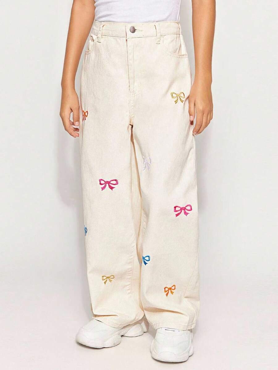 Radiana Tween Girl Y2K 时尚纯色水洗蝴蝶结牛仔裤刺绣蝴蝶结宽松牛仔直筒牛仔裤，秋季服装返校街头服饰 - 杏色 - 查看 1