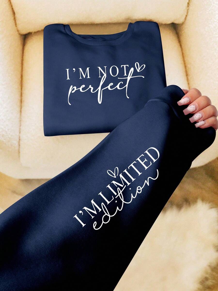 INAWLY Casual Letter Print Crew Neck Long Sleeve Sweatshirt - Navy Blue - View 1