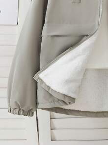 秋冬新款派克大衣外套，带帽和毛领，大口袋，宽松版型，加厚保暖内衬 - 灰色 - 查看 7