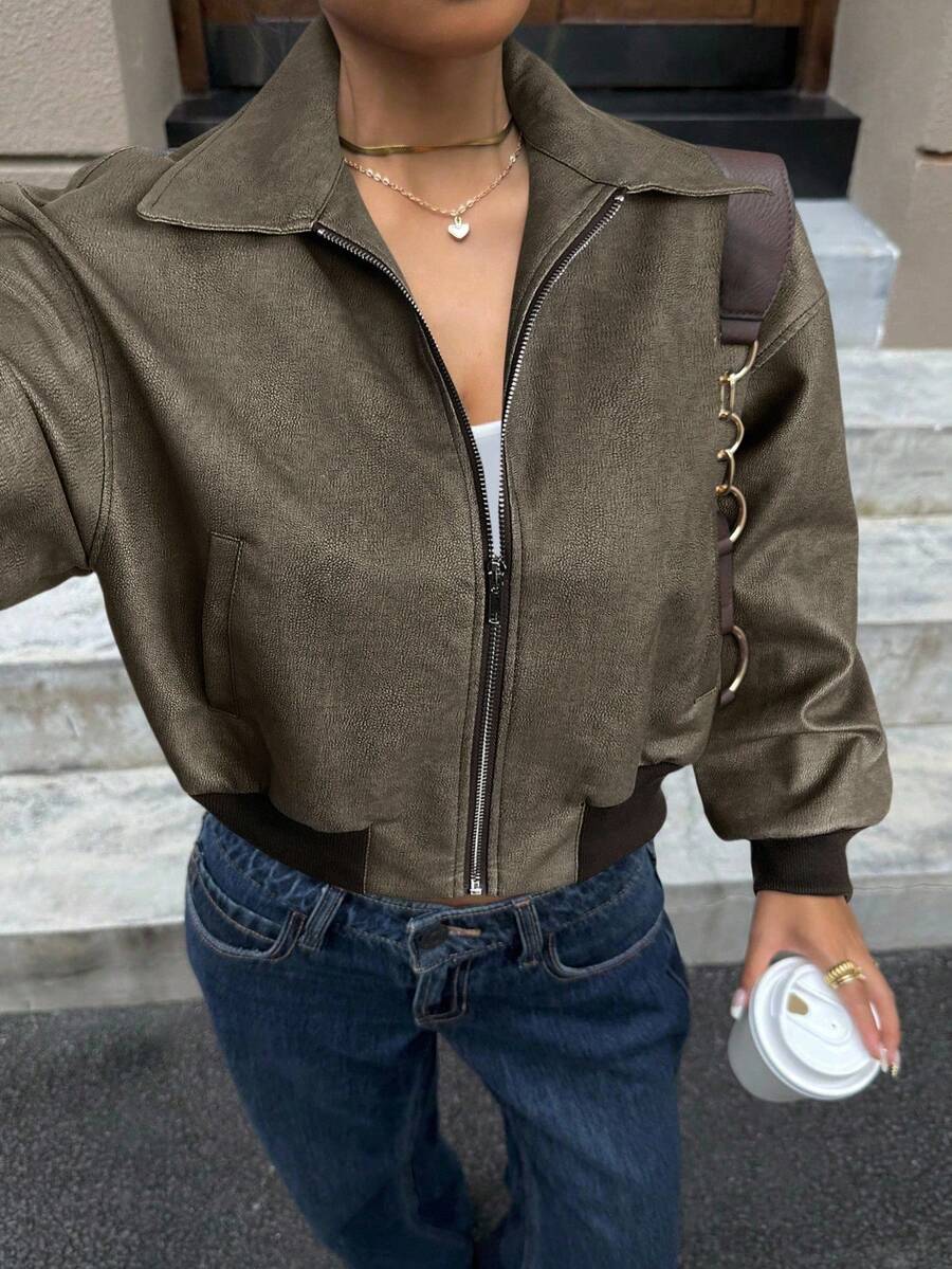 Muchica Áo khoác da lộn axit cổ điển dành cho nữ - màu nâu - Xem 1