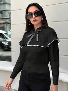 EURMUSE Jersey de manga larga con cordones y ribete de contraste para mujer - Negro - Ver 4