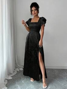 Elenzga 女式方领荷叶边袖系带连衣裙，下摆开衩，绿色提花面料，百搭，适合伴娘、舞会、毕业典礼、通勤，舒适时尚，极具吸引力 - 黑色 - 查看 5